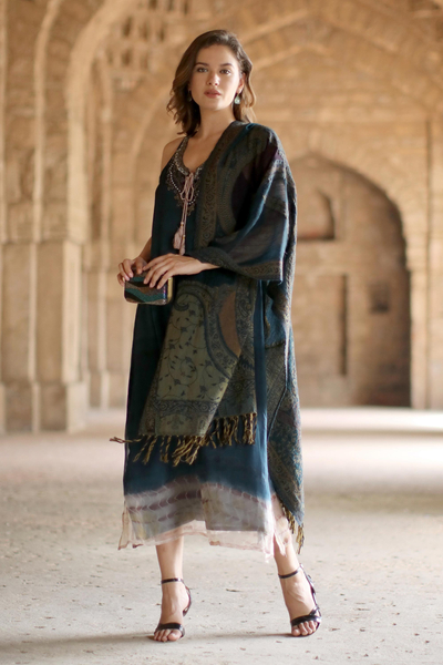 Mantón de lana Jamawar - Chal de lana Jamawar tejido a mano en verde azulado de la India