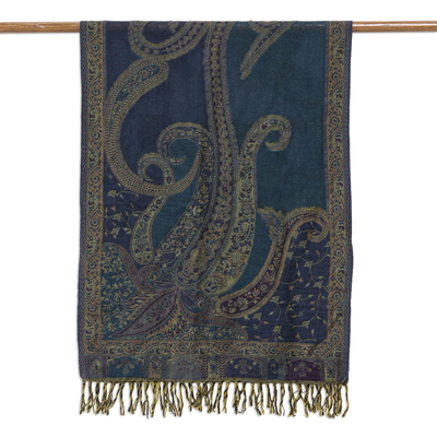 Jamawar wool shawl, 'Himalayan Heirloom in Teal' - Handwoven Jamawar Wool Shawl in Teal from India
