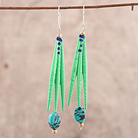 Recycled paper and dolomite dangle earrings, 'Green Spikes' - Recycled Paper and Dolomite Dangle Earrings in Green