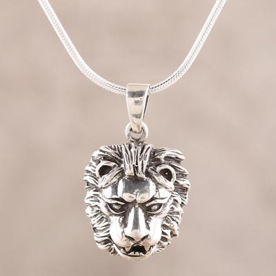 Men's Sterling Silver Lion Pendant Necklace from India, 'Lion Prowess'
