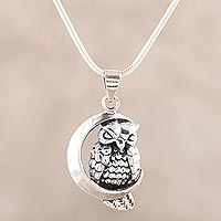 Sterling silver pendant necklace, 'Crescent Moon Owl' - Sterling Silver Crescent Owl Pendant Necklace