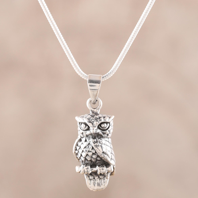 Sterling silver pendant necklace, 'Magnificent Owl' - Sterling Silver Owl Pendant Necklace from India