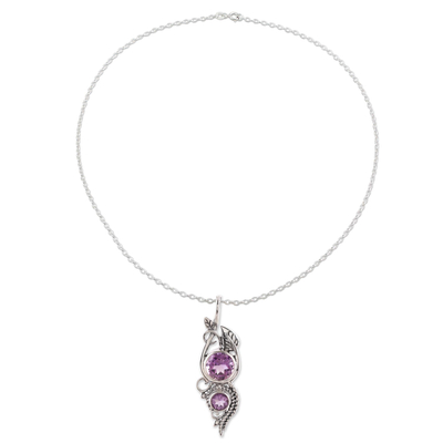 Amethyst pendant necklace, 'Classic Glory' - Amethyst Leaf Pendant Necklace from India