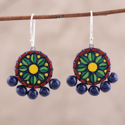 Ceramic dangle earrings, 'Bollywood Flower' - Hand-Painted Floral Ceramic Dangle Earrings from India