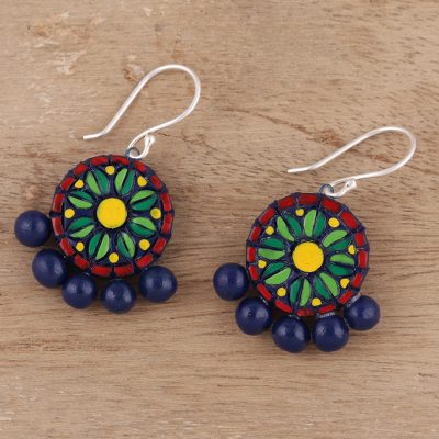 Ceramic dangle earrings, 'Bollywood Flower' - Hand-Painted Floral Ceramic Dangle Earrings from India