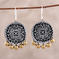 Ceramic chandelier earrings, 'Silver Medallions' - Silver-Tone Ceramic Chandelier Earrings from India