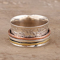 Floral Sterling Silver Spinner Ring from India,'Floral Rush'