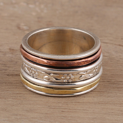 Sterling silver spinner ring, 'Exciting Garden' - Sterling Silver Spinner Ring Crafted in India