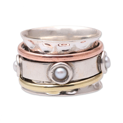 Cultured pearl spinner ring, 'Glowing Energy' - Cultured Pearl Spinner Ring from India
