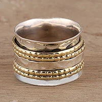 Sterling silver and brass spinner ring, 'Energetic Quintet' - Sterling Silver and Brass Spinner Ring from India