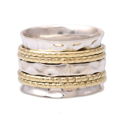 Sterling silver and brass spinner ring, 'Energetic Quintet' - Sterling Silver and Brass Spinner Ring from India
