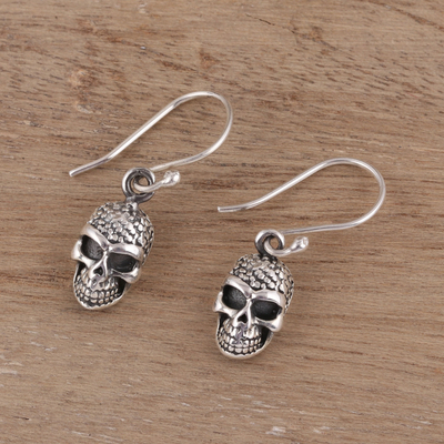 Sterling silver dangle earrings, 'Grinning Skulls' - Sterling Silver Skull Dangle Earrings from India