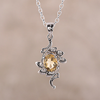 Rhodium plated citrine pendant necklace, 'Forest Radiance' - Leaf Motif Rhodium Plated Citrine Pendat Necklace from India