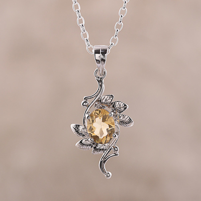 Rhodium plated citrine pendant necklace, 'Forest Radiance' - Leaf Motif Rhodium Plated Citrine Pendat Necklace from India