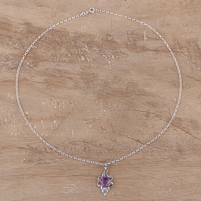 Rhodium plated amethyst pendant necklace, 'Lilac Elegance' - Rhodium Plated Amethyst Pendant Necklace from India