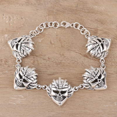 Men's sterling silver link bracelet, 'Skull Grin' - Men's Sterling Silver Skull Link Bracelet Crafted in India