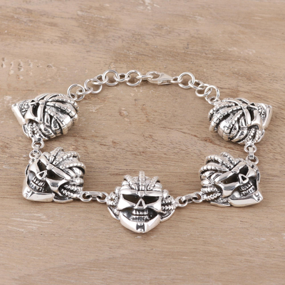 Men's sterling silver link bracelet, 'Skull Grin' - Men's Sterling Silver Skull Link Bracelet Crafted in India