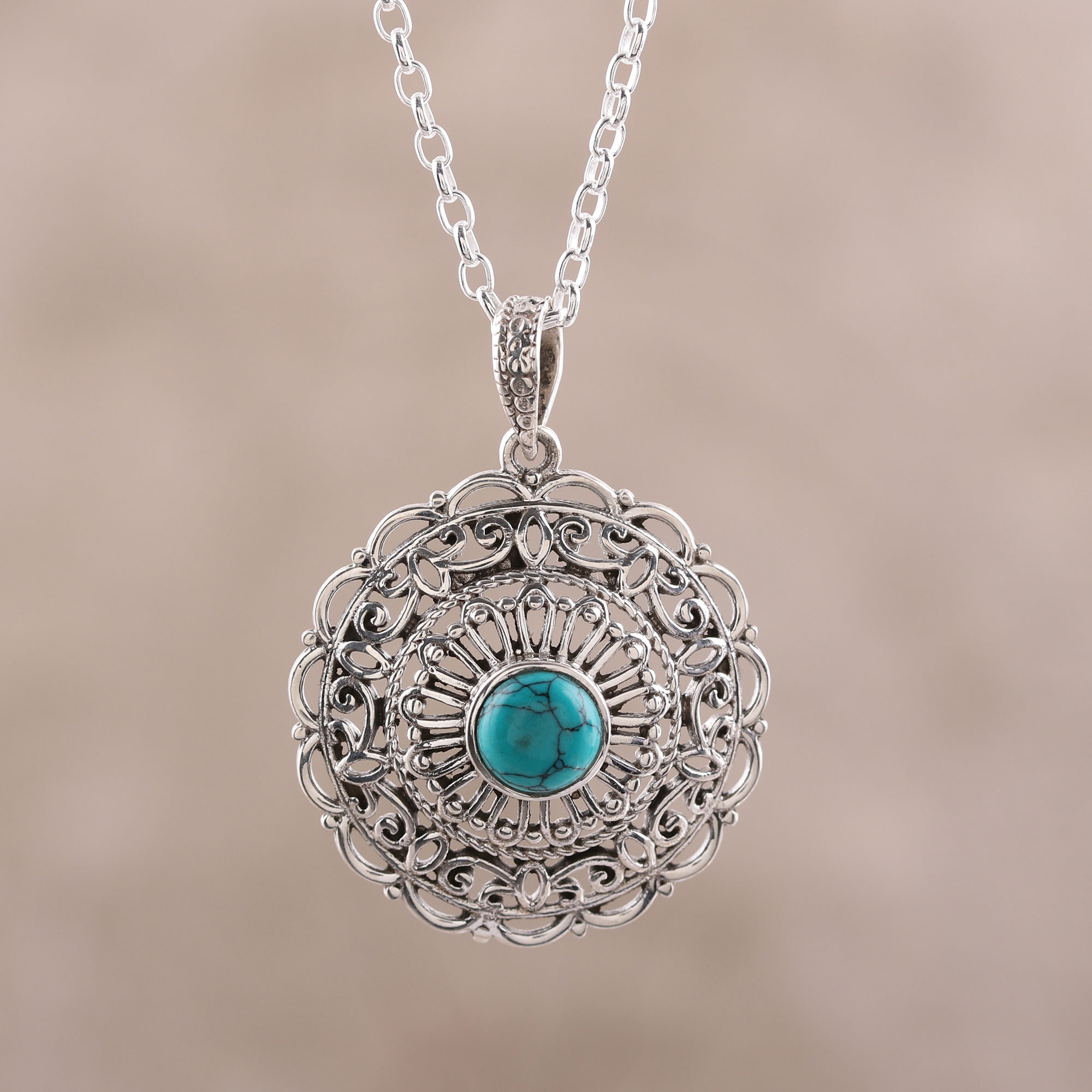 Jali Pattern Sterling Silver and Comp. Turquoise Necklace - Classic ...