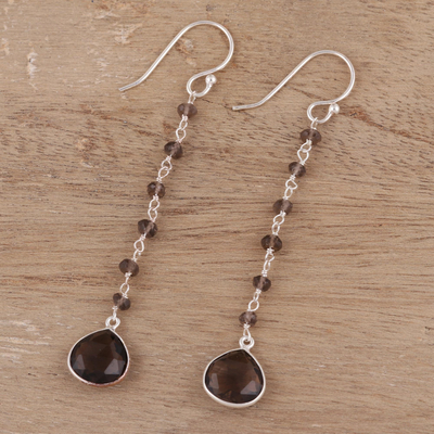 Smoky quartz dangle earrings, 'Morning Drops' - 4 Carat Smoky Quartz Dangle Earrings from India