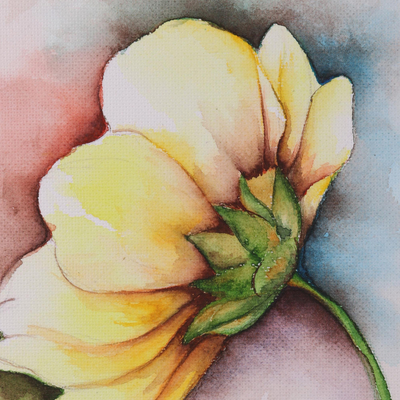 'Yellow Wonder' - Signiertes realistisches Gemälde einer gelben Blume aus Indien