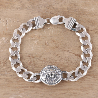Men's rhodium plated sterling silver pendant bracelet, 'Roar of the Lion' - Men's Rhodium Plated Sterling Silver Lion Bracelet