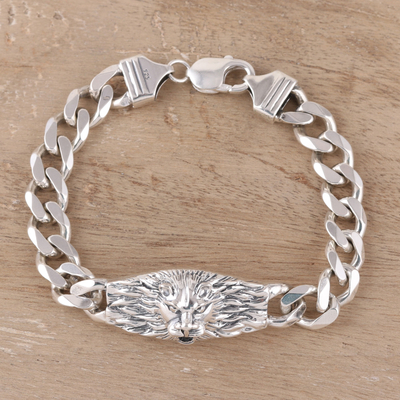 Men's rhodium plated sterling silver pendant bracelet, 'Fierce Soul' - Men's Rhodium Plated Sterling Silver Lion Pendant Bracelet