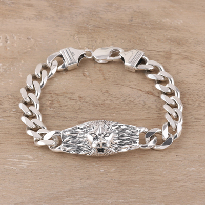 Men's rhodium plated sterling silver pendant bracelet, 'Fierce Soul' - Men's Rhodium Plated Sterling Silver Lion Pendant Bracelet