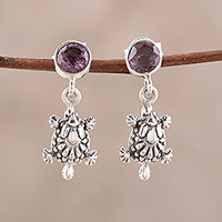 Amethyst dangle earrings, 'Turtle Essence' - Amethyst Turtle Link Bracelet from India