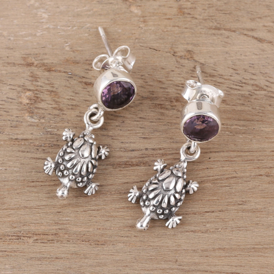 Amethyst dangle earrings, 'Turtle Essence' - Amethyst Turtle Link Bracelet from India