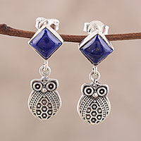 Lapis lazuli dangle earrings, 'Royal Owls' - Lapis Lazuli Owl Dangle Earrings from India