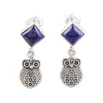 Lapis lazuli dangle earrings, 'Royal Owls' - Lapis Lazuli Owl Dangle Earrings from India