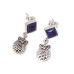Lapis lazuli dangle earrings, 'Royal Owls' - Lapis Lazuli Owl Dangle Earrings from India