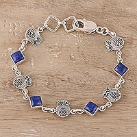 Lapis lazuli link bracelet, 'Royal Owls' - Lapis Lazuli Owl Link Bracelet from India