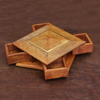 Brass inlay wood jewelry box, 'Creative Delight' - Brass Inlay Wood Jewelry Box Crafted in India