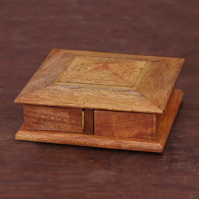 Brass inlay wood jewelry box, 'Creative Delight' - Brass Inlay Wood Jewelry Box Crafted in India