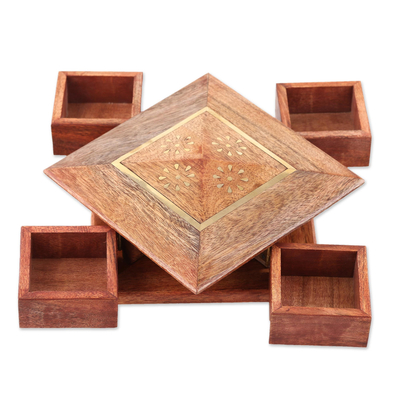 Brass inlay wood Jewellery box, 'Creative Delight' - Brass Inlay Wood Jewellery Box Crafted in India