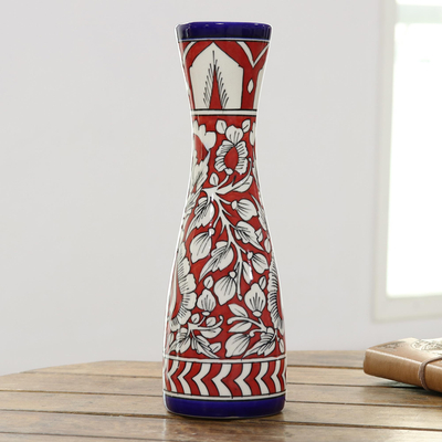 Ceramic decorative vase, 'Royal Garden in Red' - Red Ceramic Decorative Vase with Leaf Motifs from India