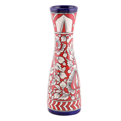 Red Ceramic Decorative Vase with Leaf Motifs from India
