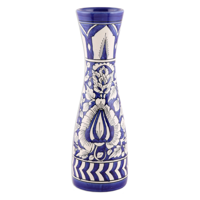 Ceramic decorative vase, 'Royal Garden in Blue' - Blue Ceramic Decorative Vase with Leaf Motifs from India