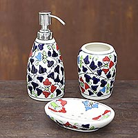 Ceramic bathroom set, 'Spring Delight' (set of 3) - Colorful Floral Ceramic Bathroom Set from India (Set of 3)