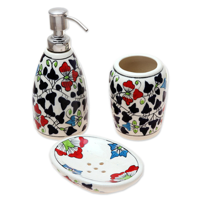 Colorful Floral Ceramic Bathroom Set from India (Set of 3)