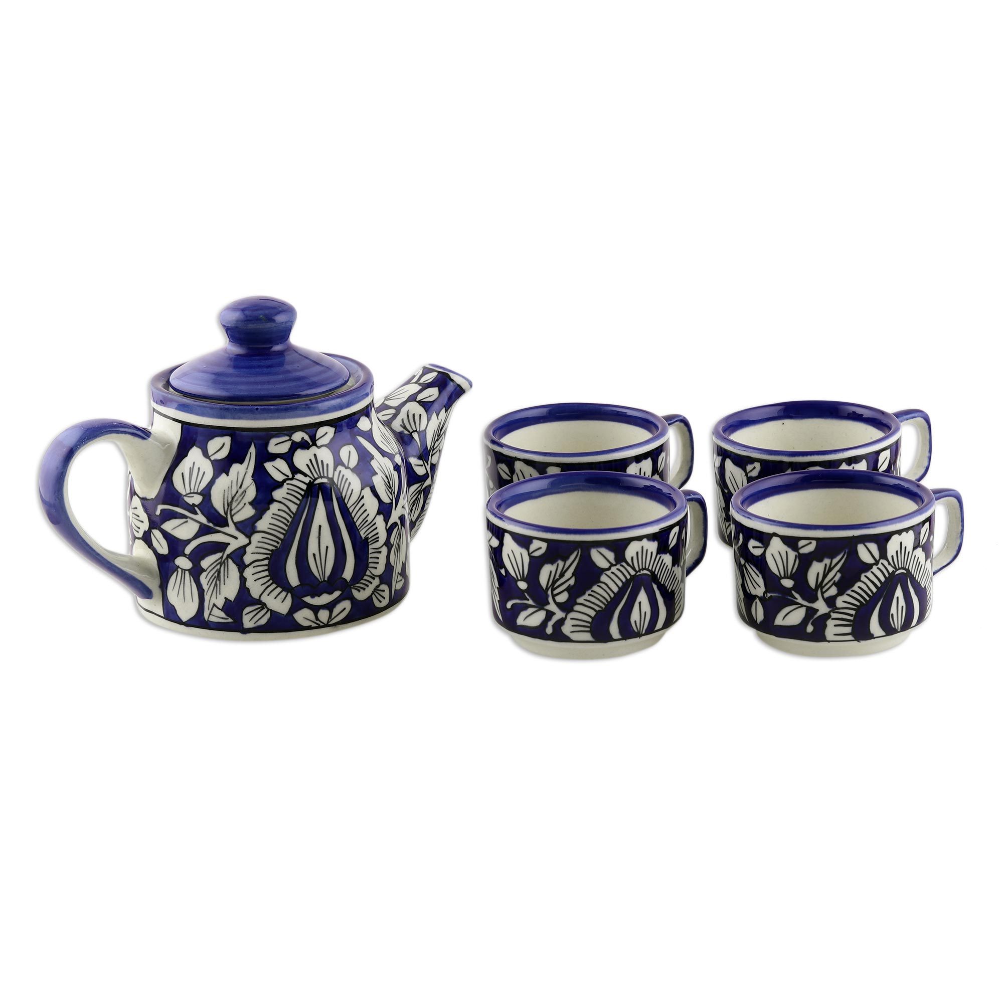 Leafy Blue Ceramic Tea Set from India (Set for 4) Fantastic Garden