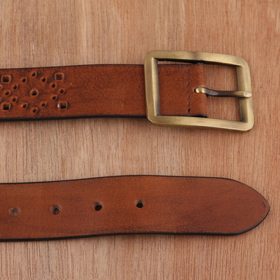 Leather belt, 'Antique Double Buckle' - Handcrafted Leather Belt in Chestnut from India