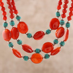 Carnelian and calcite beaded strand necklace, 'Cascading Sunset' - Carnelian and Calcite Beaded Strand Necklace from India