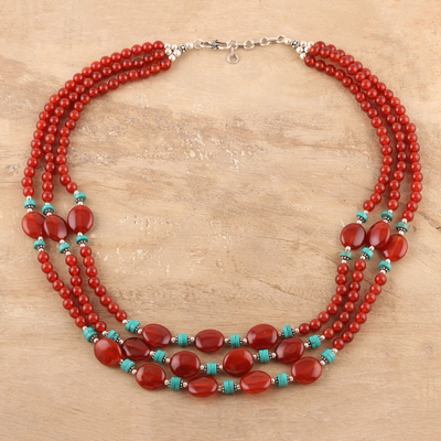 Carnelian and calcite beaded strand necklace, 'Cascading Sunset' - Carnelian and Calcite Beaded Strand Necklace from India