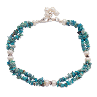 Cultured pearl and calcite beaded strand anklet, 'Nautical Song' - Cultured Pearl and Calcite Beaded Strand Anklet from India