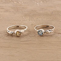 Citrine and blue topaz mid-finger rings, 'Sparkling Duo' (pair) - Citrine and Blue Topaz Mid-Finger Rings from India (Pair)