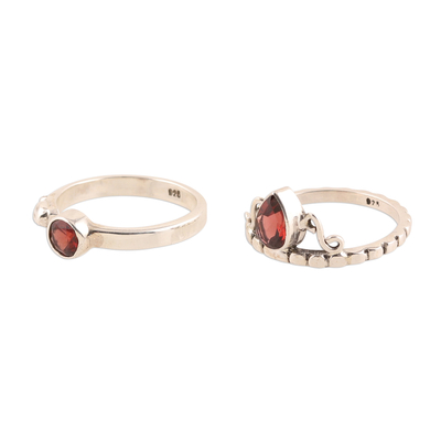 Garnet rings, 'Glittering Harmony' (pair) - Faceted Garnet Rings from India (Pair)