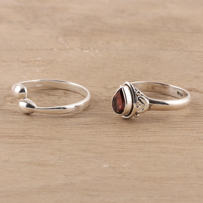 Garnet and sterling silver rings, 'Gemstone Radiance' (pair) - Garnet and Sterling Silver Rings Crafted in India (Pair)