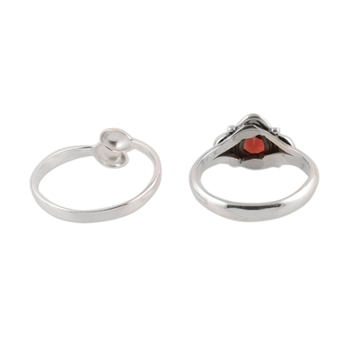Garnet and sterling silver rings, 'Gemstone Radiance' (pair) - Garnet and Sterling Silver Rings Crafted in India (Pair)